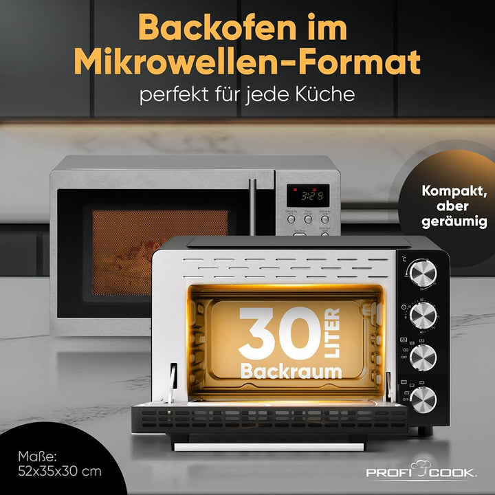 ProfiCook Minibackofen 30L | Umluft + Ober-/Unterhitze | Mini Backofen mit Drehspiess und Pizzastein