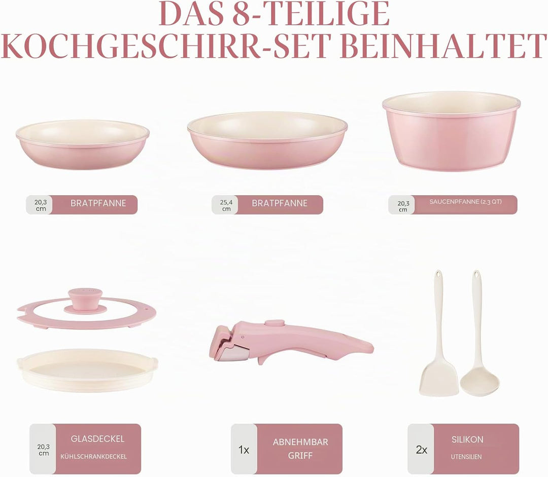 Keramik Topfsets Pfannenset 8 Teilig mit Abnehmbaren Griffen induktionsgeeignet mit Bratpfannen ofen