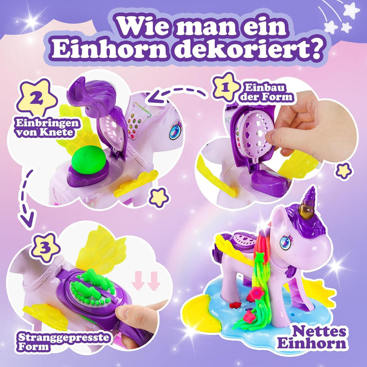 Einhorn Knete Set Kinder 36 Stück mit 16 Dosen Knetmasse, Knetezubehör Einhorn mit Frisur & Formen,