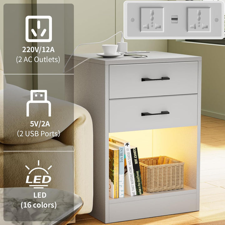 PIPIPOXER Nachttisch 2er Set mit Steckdose, Moderner Nachtschrank mit Led, Nachtkommode mit 2 Schubl