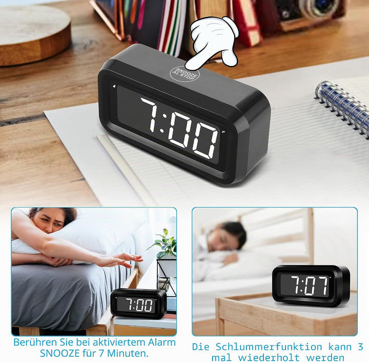 KWANWA Digitaler Wecker, LED Uhr Batteriebetrieben Tischuhr mit 3 Einstellbarer Helligkeit/Snooze/Oh