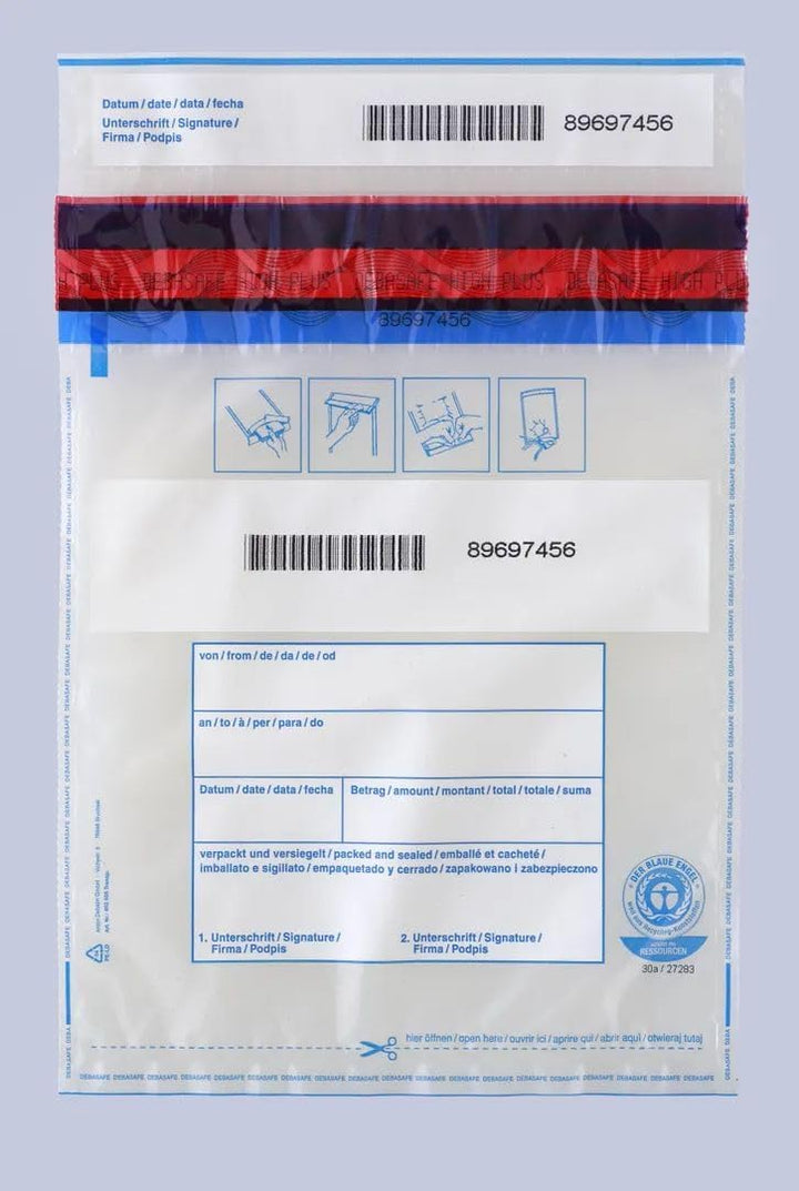 500x Sicherheitstaschen DEBASAFE 195 x 265 + 30 mm (Bon) DEBATAPE high plus - Transparent - Recyclin