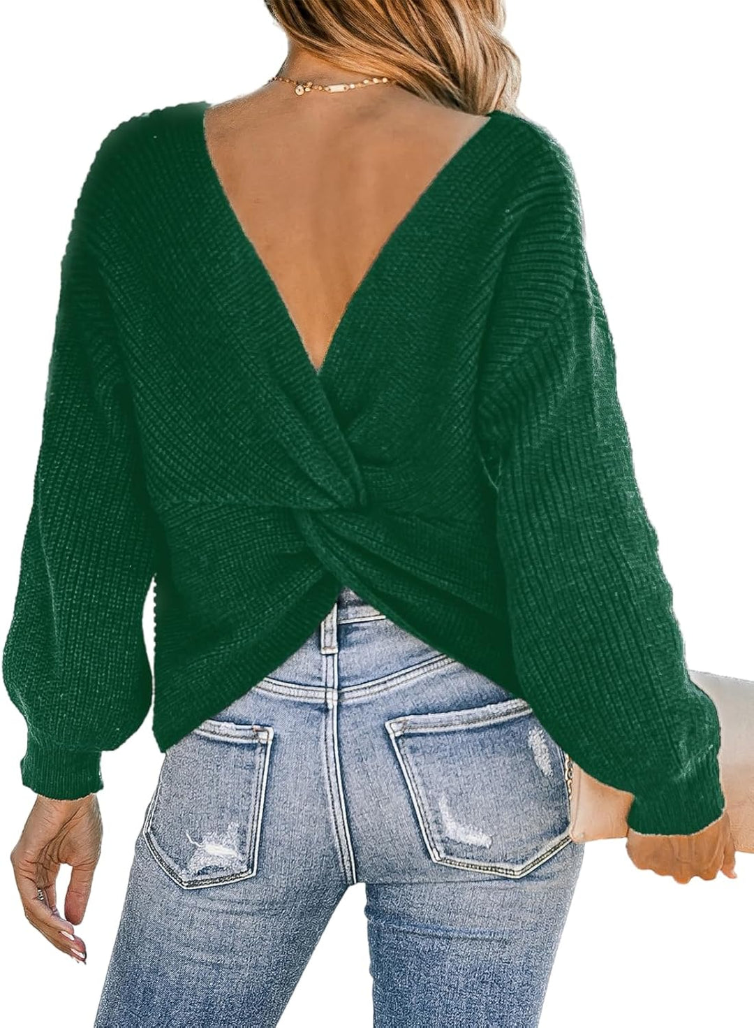 CUPSHE Damen Strickpullover Rundhals Langarm Twisted Rückenfrei Fledermausärmel Rippenstrick Pulli O