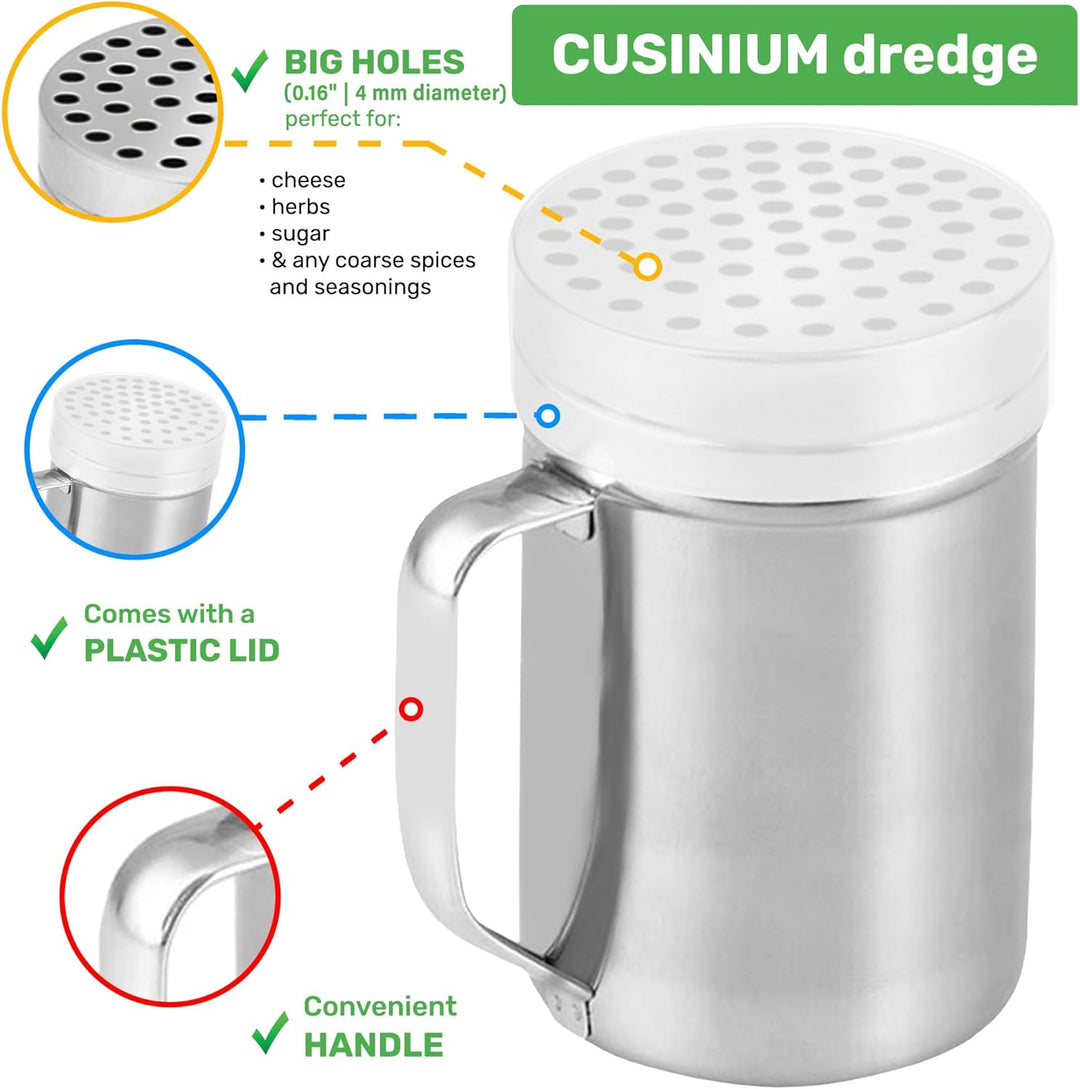 CUSINIUM Parmesan-Käsestreuer aus Metall mit grossen Löchern, mit Griff, Chiliflocken-Spender, Pizza