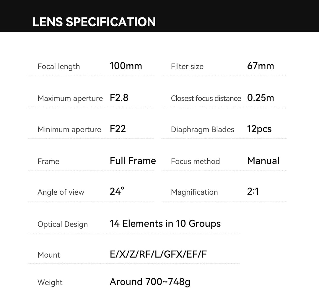 TTARTISAN Makro 100 mm F2.8 E, Vollformatobjektiv, 2-fache Vergrösserung für E-Mount (E-Mount) Sony