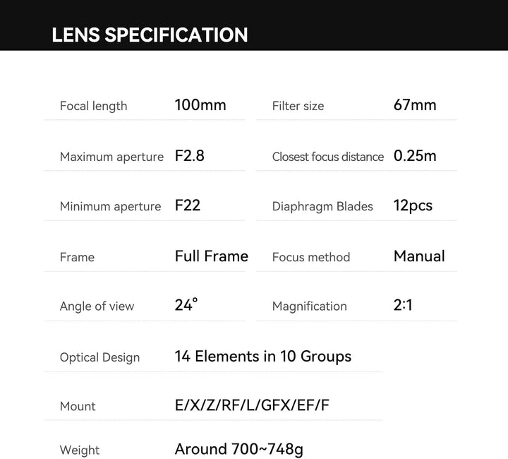 TTARTISAN Makro 100 mm F2.8 E, Vollformatobjektiv, 2-fache Vergrösserung für E-Mount (E-Mount) Sony