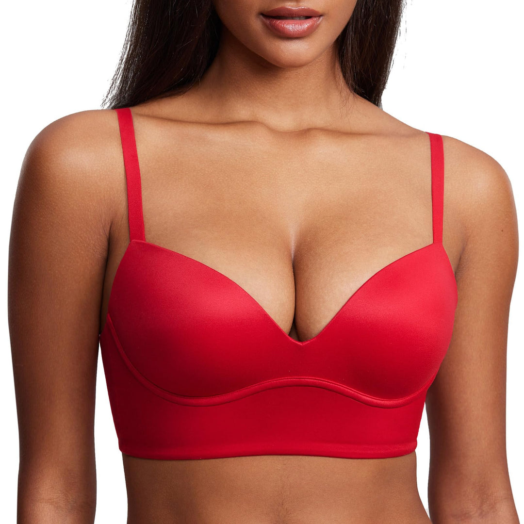DOBREVA BH Damen ohne Bügel Push Up T Shirt BHS Gepolstert Bustier Soft Nahtloser 85D Lippenstift Ro