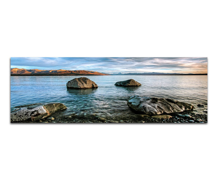 Paul Sinus Art Panoramabild auf Leinwand und Keilrahmen 120x40cm Neuseeland Wasser Felsen Wolkenhimm