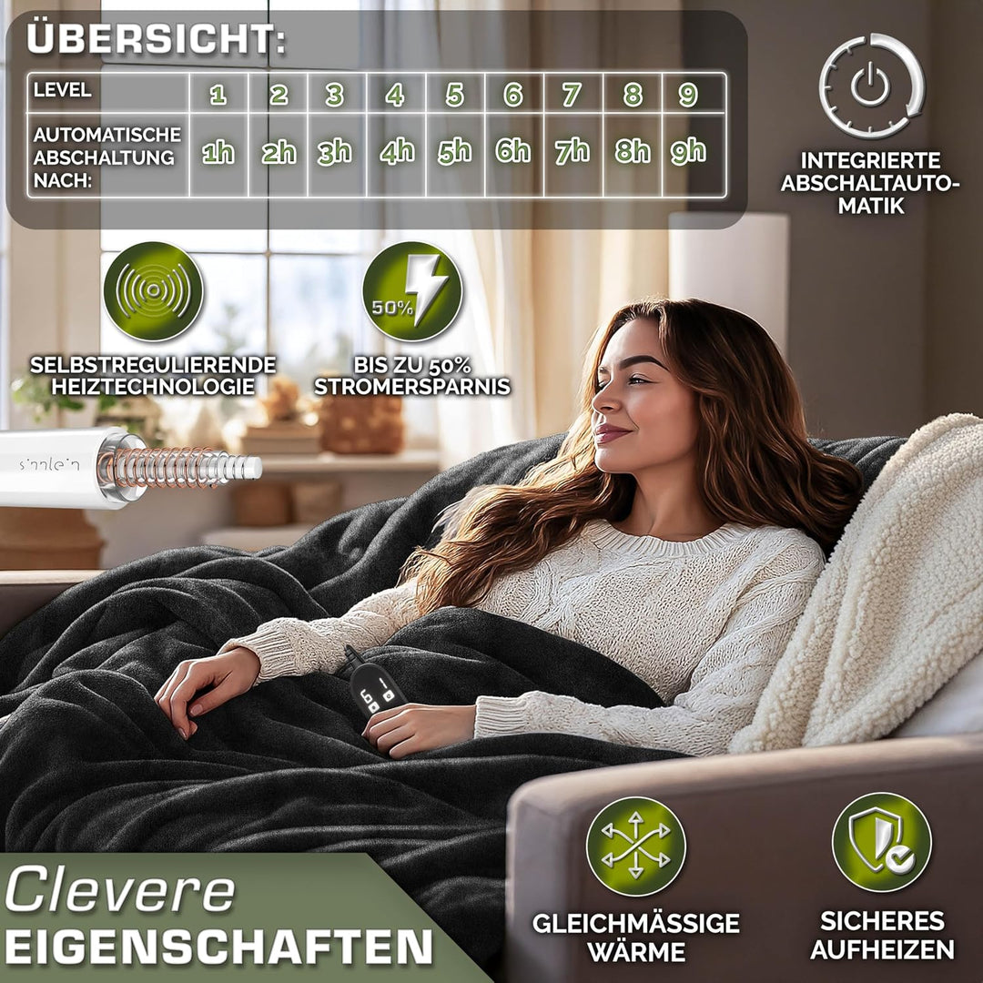 Heizdecke mit Abschaltautomatik 180 x 130 cm | Elektrische Wärmedecke mit 9 Temperaturstufen | Kusch