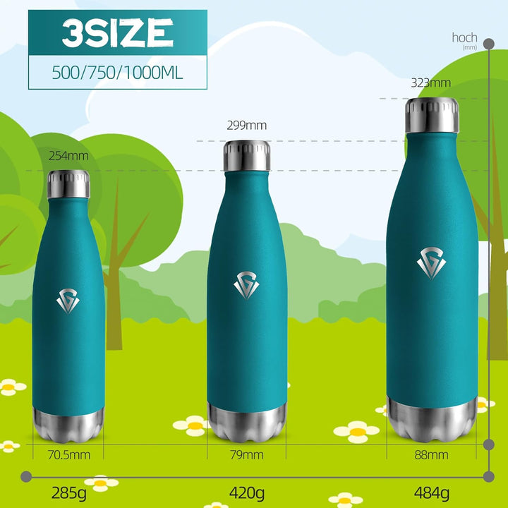 Trinkflasche Edelstahl 500ML, BPA-frei, Wasserflasche, Auslaufsichere Isolierflasche Doppelwandig, T