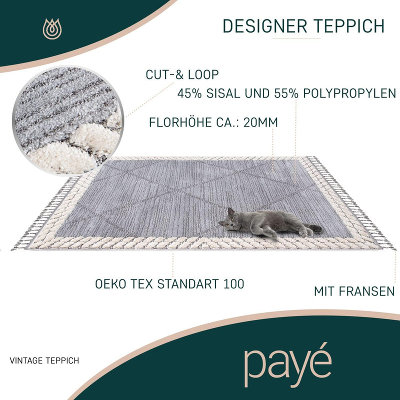 payé Teppich Wohnzimmer - Abstrak Raute - 80x150cm - Creme Grau Blau - Fransen Deko Boho Flauschig -