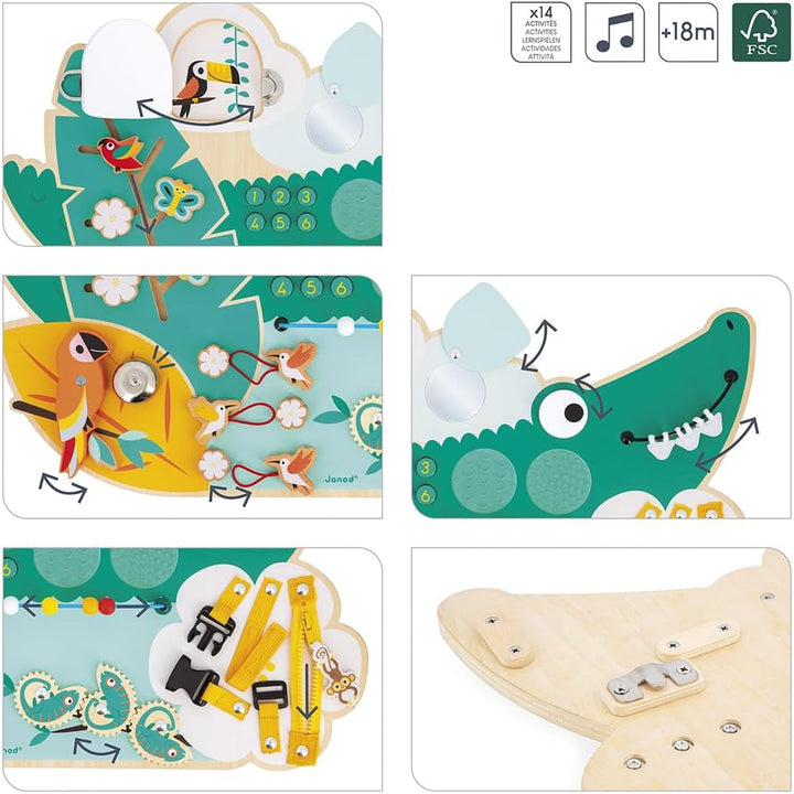 Janod - Busy Board Croco - Activity Board - Thema Dschungeltiere - 14 Aktivitäten - Kinderspielzeug