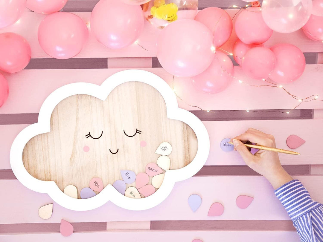 Unbekannt Gäste-Buch Holz-Rahmen mit 30 Wolken aus Holz als Gästebuch zur Taufe, Baby-Shower-Party K