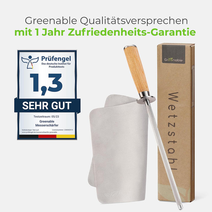 NEU: Greenable ® Premium Wetzstahl – Messerschärfer aus gehärtetem Stahl mit Holzgriff – Geeignet fü