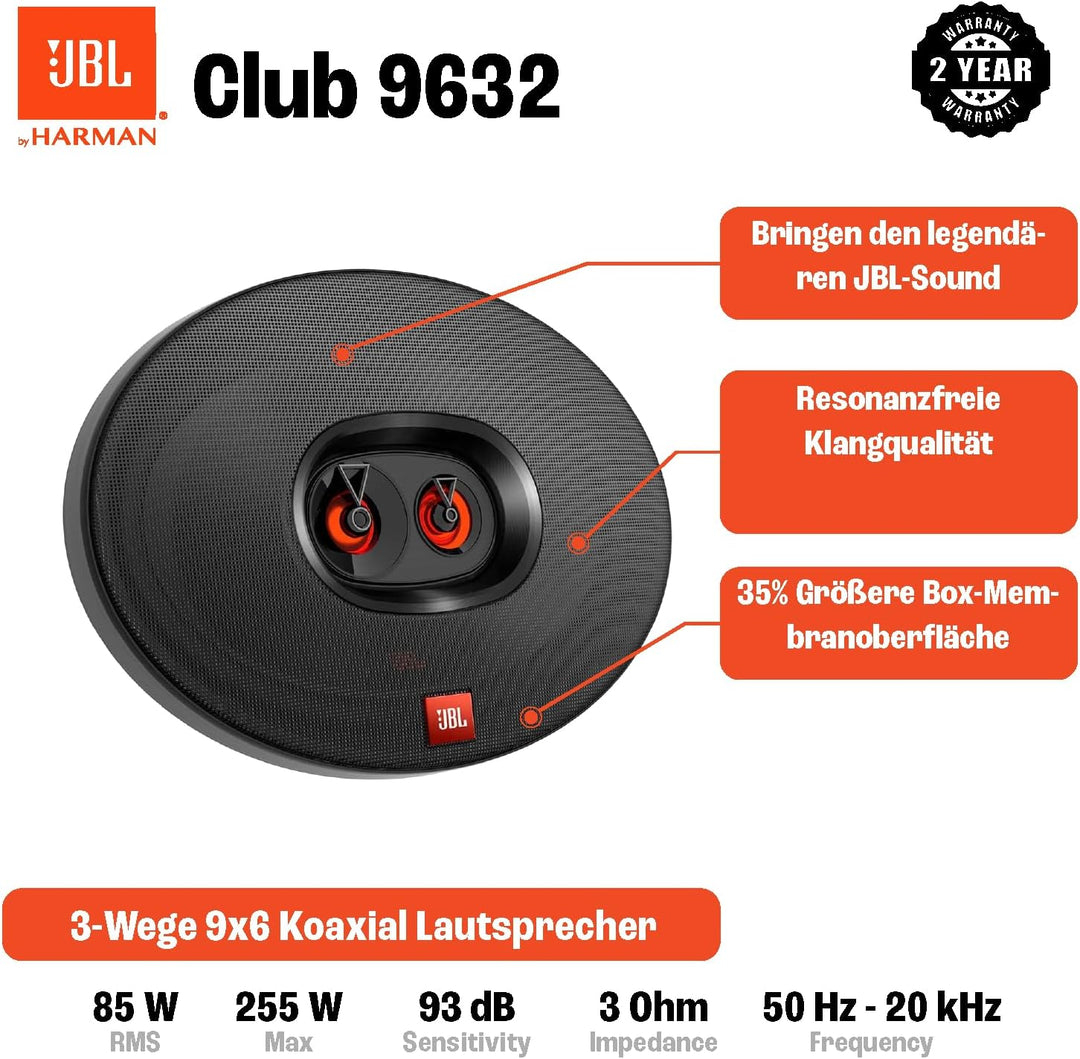 JBL Club 9632 - 3-Wege Auto Lautsprecher Set von Harman Kardon - 255 Watt KFZ Soundanlage ovale Auto