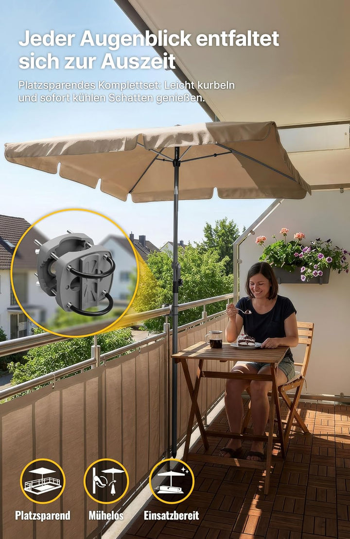 4smile SunnyShade Sonnenschirm Balkon mit Halterung im 3-er-Set, UV 50+, 200x125 cm, Taupe, für Balk