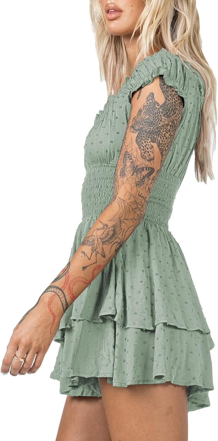 Viottiset Damen Rüschen Shorts Strampler Schulterfrei Swiss Dot Sommer Overalls S Grün, S Grün