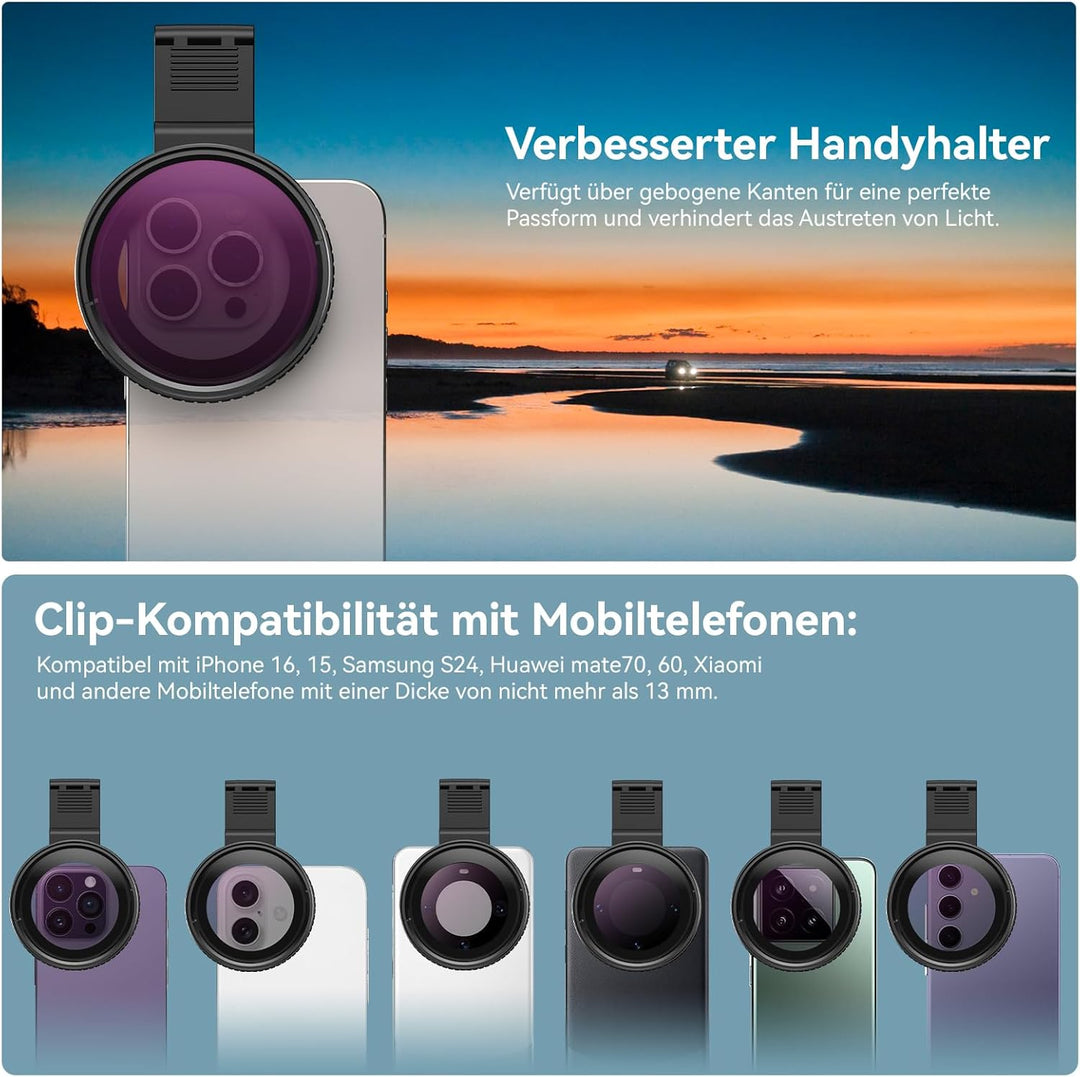 APEXEL Universal-Handyfilter, 67 mm Variabler ND2-ND400-Filter, Geeignet für iPhone 17/16/15... Sams
