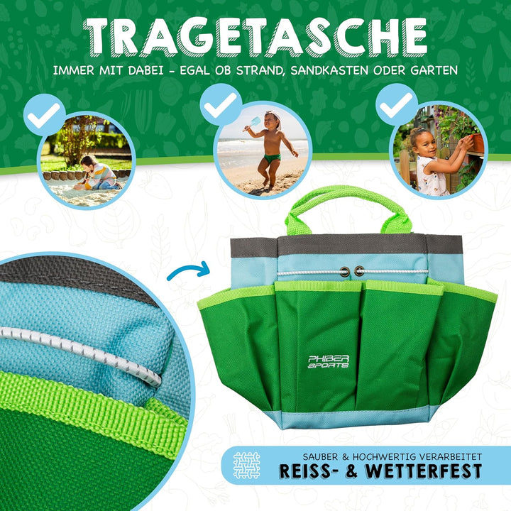PHIBER-SPORTS Kinder Gartenwerkzeug Set (11 Teile) mit Kindergartenbuch - Gartengeräte für Kinder ab