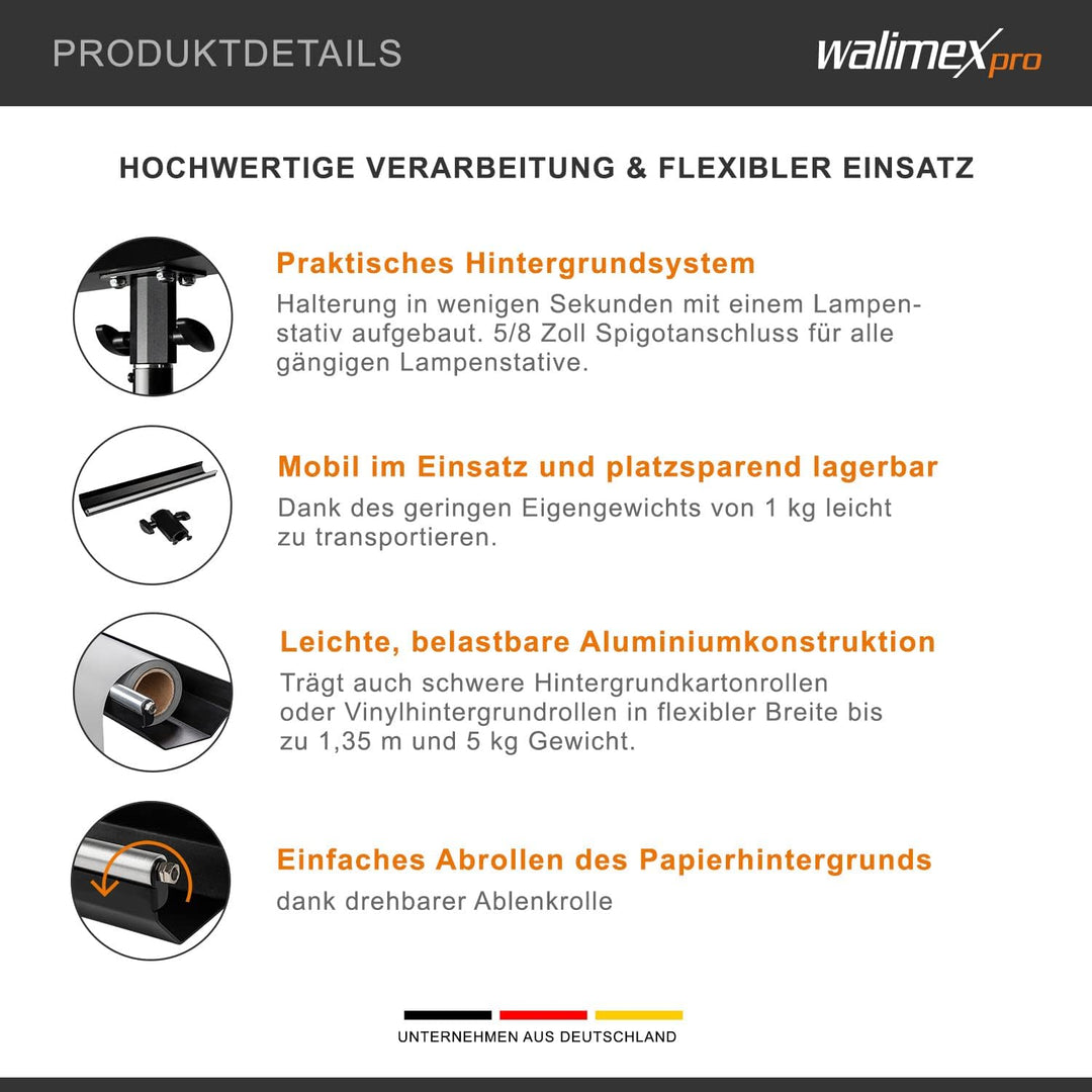 Walimex pro Hintergrund-Halterung für Lampenstative - Flexible Verwendung mit Kartonhintergründen bi