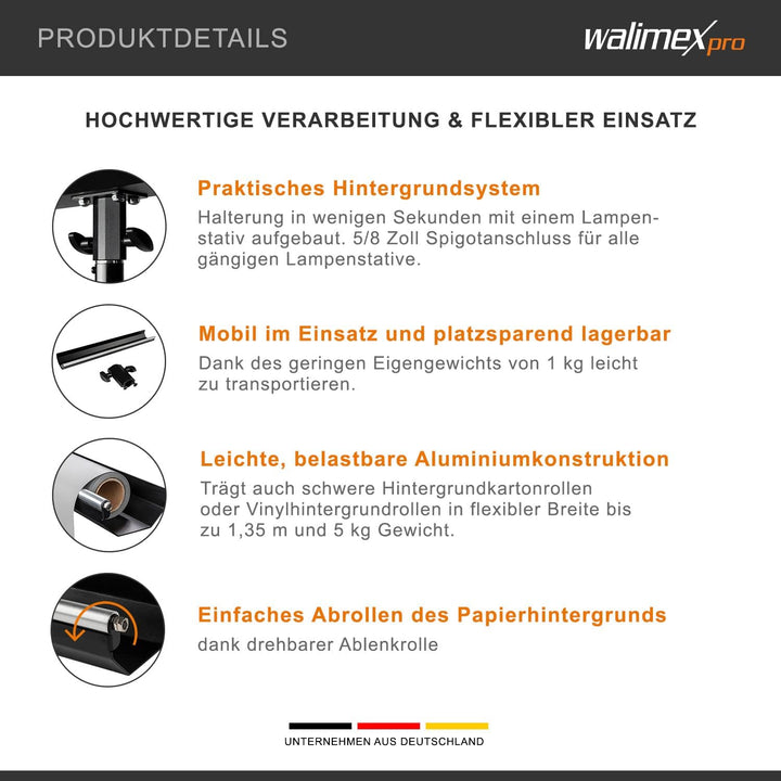 Walimex pro Hintergrund-Halterung für Lampenstative - Flexible Verwendung mit Kartonhintergründen bi