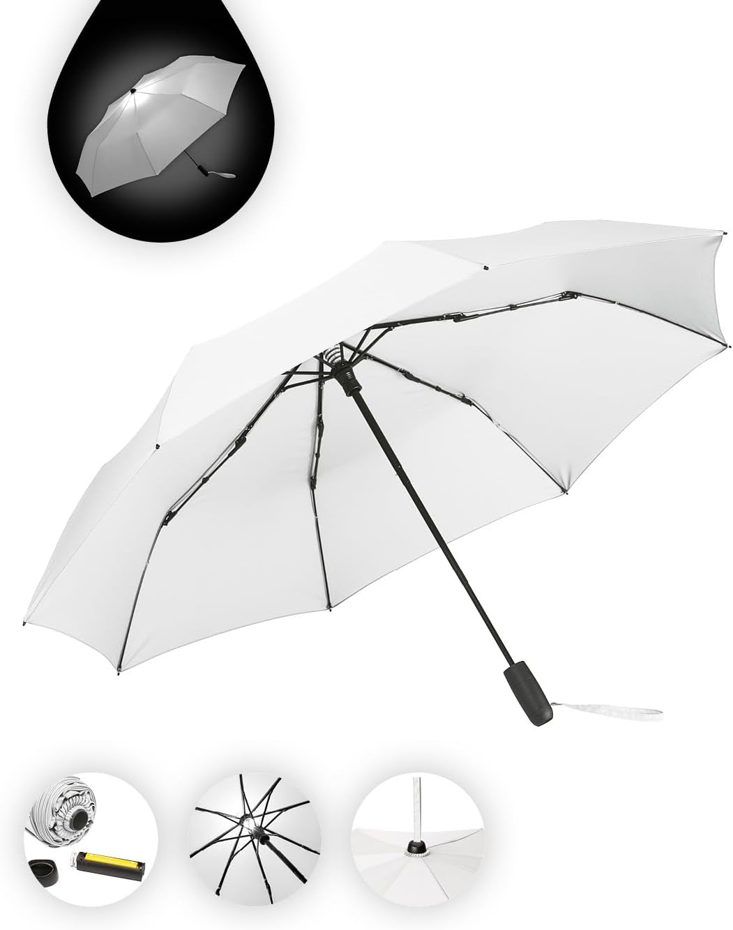 FARE Oversize-Taschenschirm Skylight (weiss) - Effektvoller Regenschirm mit LED-Innenbeleuchtung und