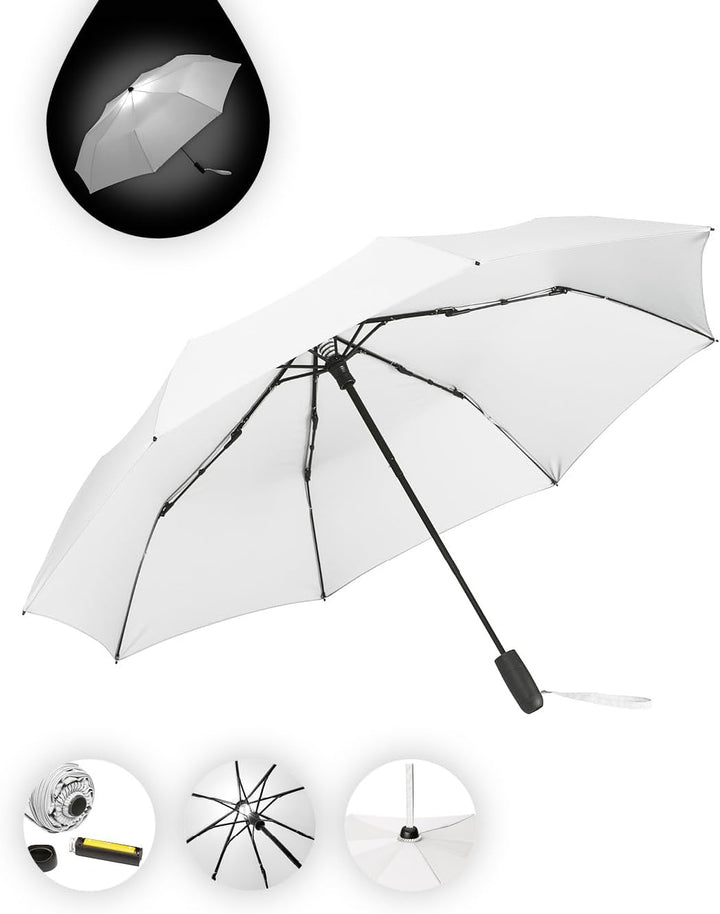 FARE Oversize-Taschenschirm Skylight (weiss) - Effektvoller Regenschirm mit LED-Innenbeleuchtung und