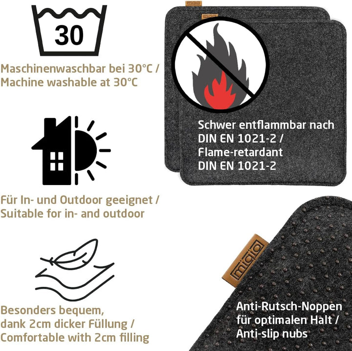 Miqio Design Sitzkissen Rechteckig aus Filz 35x35 cm | 4er Set | Waschbare Stuhlkissen rutschfest |