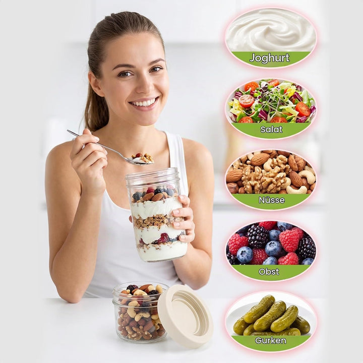4er Set Müslibecher To Go, 621ml Joghurtbecher To Go mit Löffel, 16 oz+5 oz Overnight Oats Gläser, 2