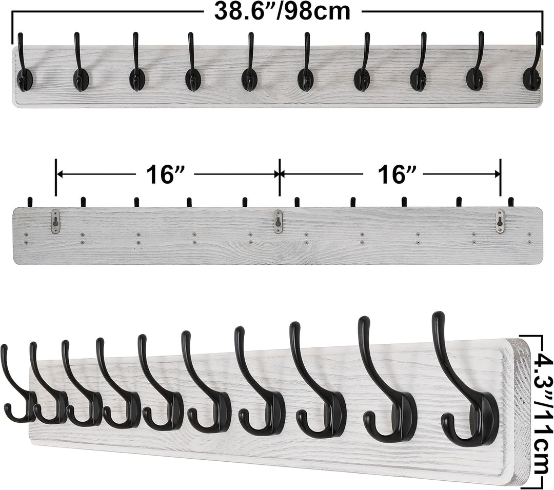 SKOLOO Bauernhaus-Stil Wand-Kleiderhaken, 2er-Pack, Kiefer Massivholz Garderobenständer - 10 Haken z