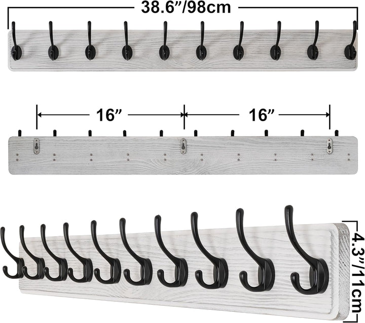 SKOLOO Bauernhaus-Stil Wand-Kleiderhaken, 2er-Pack, Kiefer Massivholz Garderobenständer - 10 Haken z