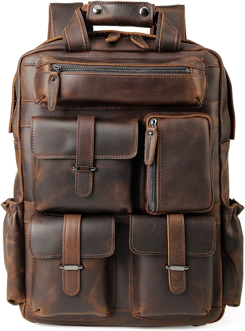 TIDING Herren Rucksack Echtes Leder Grosse Kapazität Business Reisetasche für 15,6 Laptop Tasche, Da