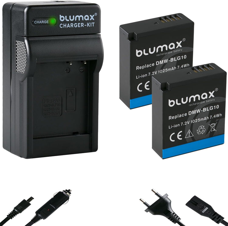 Blumax 2X Akku 1025mAh + Ladegerät Netzteil ersetzt Panasonic DMW-BLG10 e kompatibel mit Panasonic L