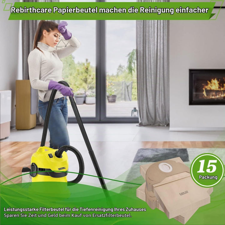Rebirthcare 15 Stück 6.904-322.0 Staubsaugerbeutel für Kärcher WD2 Beutel Filtertüten WD2 Premium MV