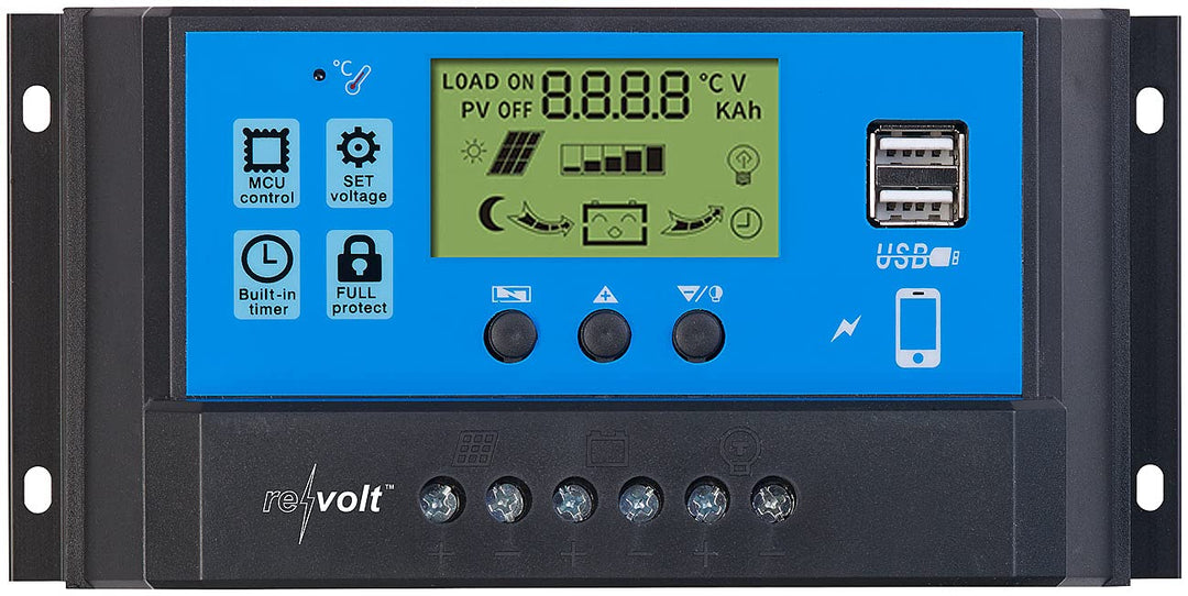 revolt Laderegler 12V: Solar-Laderegler für 12/24-V-Akkus, PWM-Lademodus, 2 USB-Ports, 40 A (Solar C
