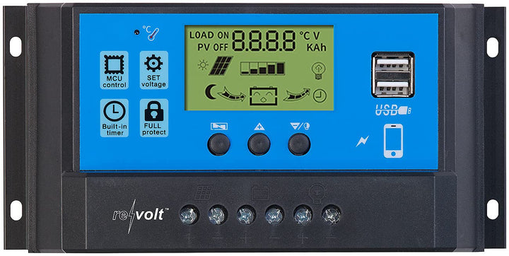 revolt Laderegler 12V: Solar-Laderegler für 12/24-V-Akkus, PWM-Lademodus, 2 USB-Ports, 40 A (Solar C