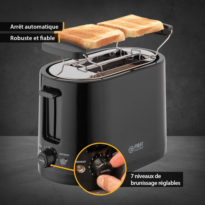 TZS First Austria Doppel Kurzschlitz Toaster, 2 Scheiben, schwarz, 750W, 7 Stufen, Warmhalte- und Au