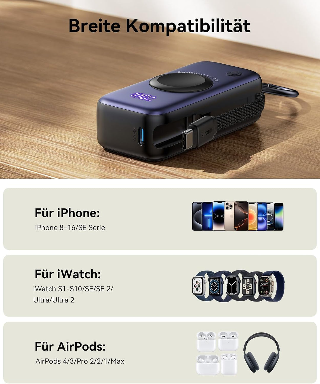 INIU Power Bank für Apple Watch, 5000mAh Powerbank mit eingebautem Kabel, Schlankes Reise Schlüssela