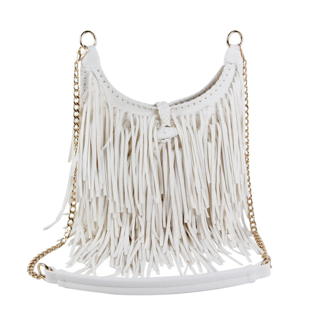 Damen handgefertigte Leder Franse Quaste Crossbody Hobo Schultertasche Umhängetaschen Weiss, Wei