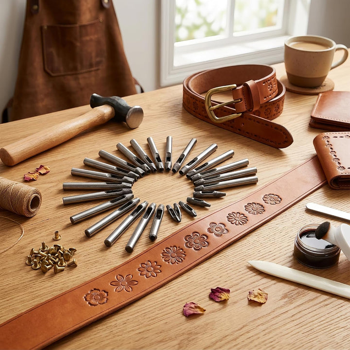Cikonielf 20 Stück Leder Hohl Locher Leder Punch Set Kohlenstoffstahl Blume Form Leder Handwerk Werk