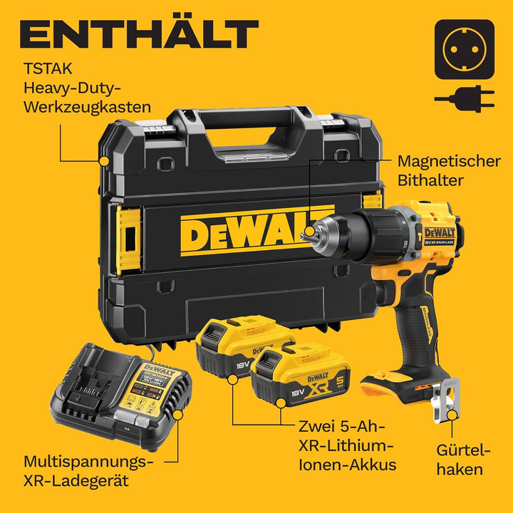 DEWALT 18-V-XR-Bürstenloser Kompaktbohrschrauber mit 2 5-Ah-Lithium-IonenBatterien und TSTAK-Kitbox,
