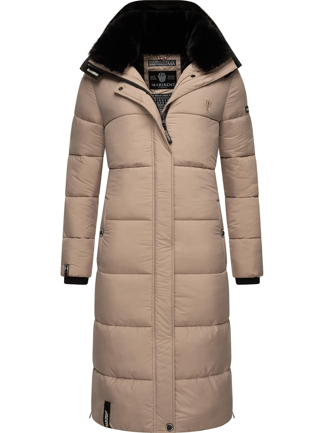 MARIKOO Damen Wintermantel warmer Steppmantel lang mit abnehmbarer Kapuze Reliziaa XS-3XL S Taupe, S