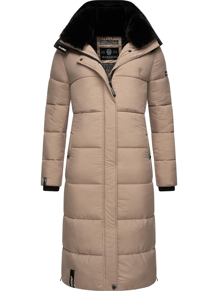 MARIKOO Damen Wintermantel warmer Steppmantel lang mit abnehmbarer Kapuze Reliziaa XS-3XL S Taupe, S