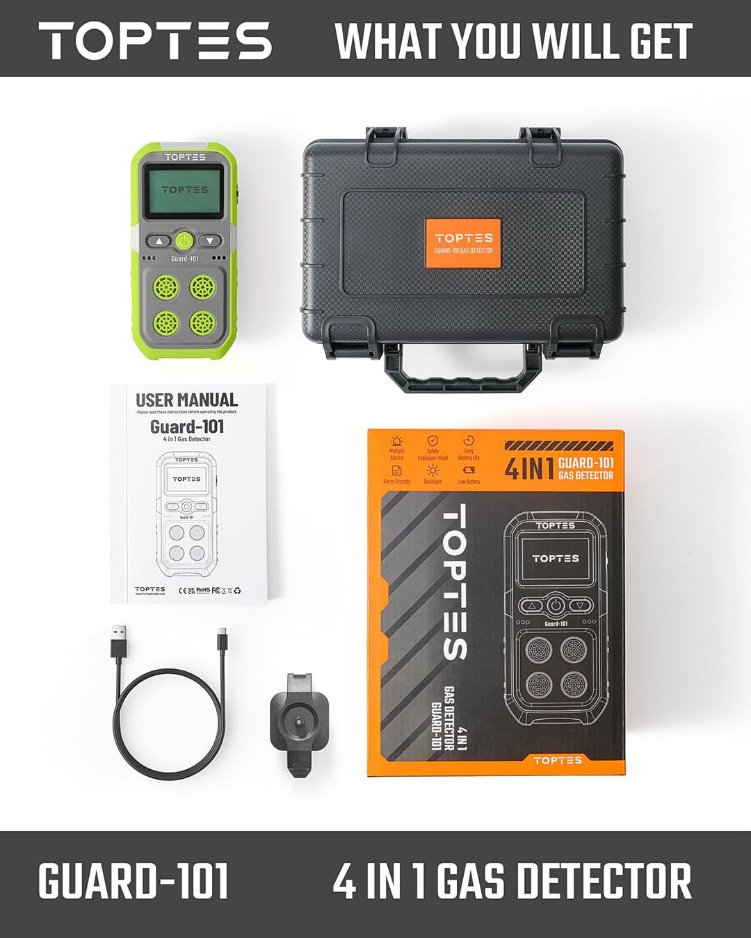 TopTes Guard-101 Gasmelder, 4 Gasmelder Für H2S, CO, LEL Und O2, Mit Vibration, Licht- Und Tonalarm,
