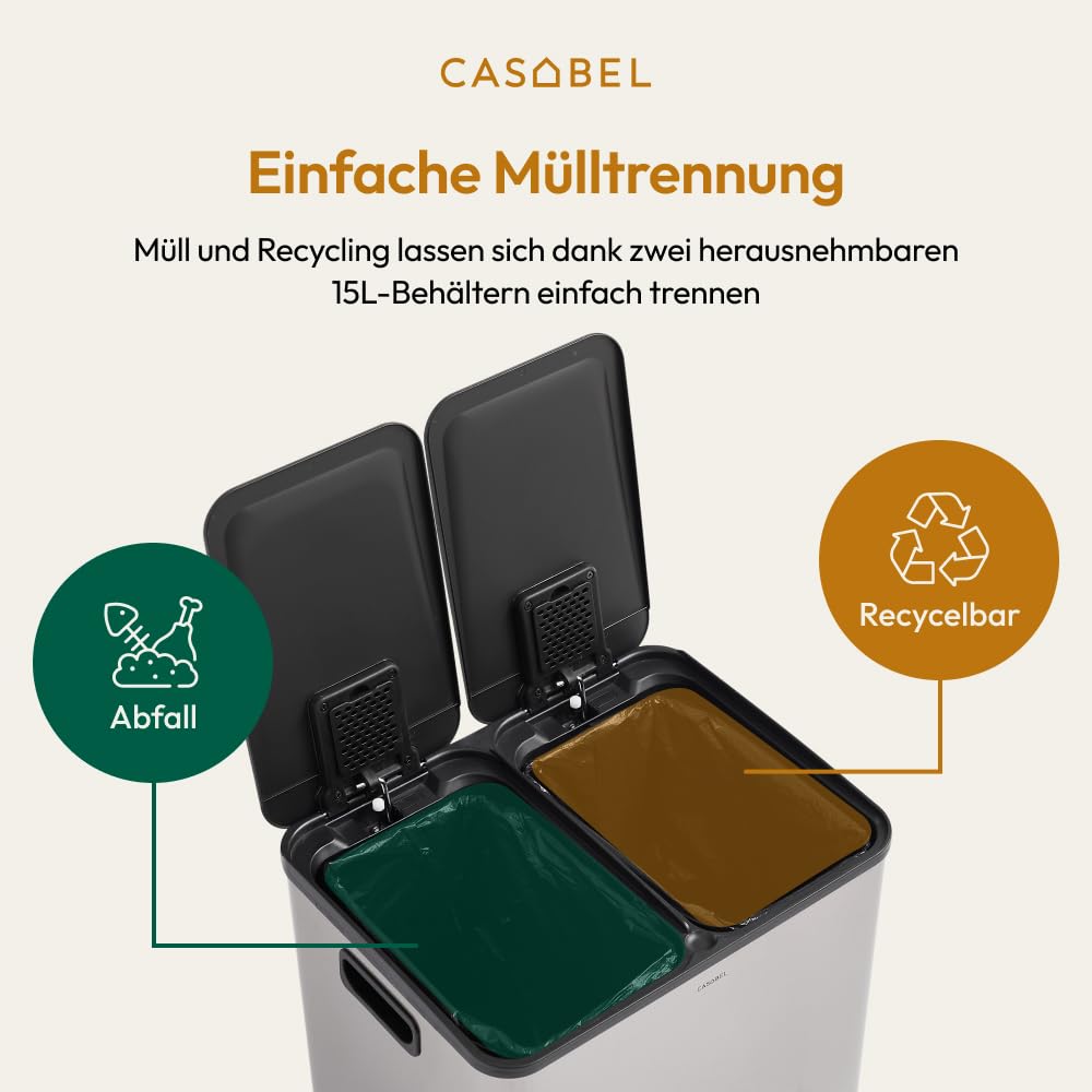 CASABEL Mülleimer Küche mit 2 Fächern, 2x15L, Tretmülleimer aus 100% Edelstahl, fingerabdruckresiste