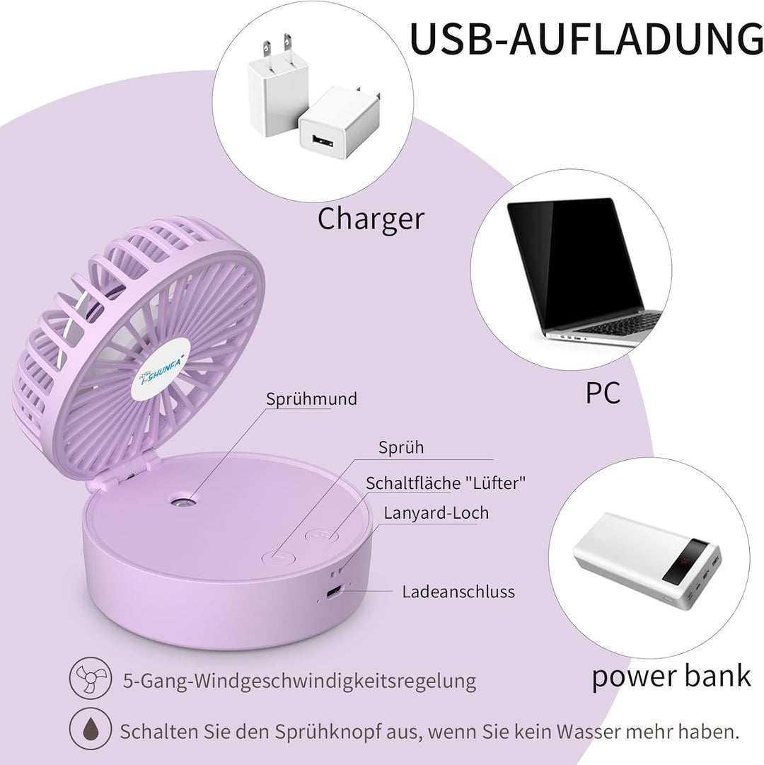 Handventilator mit Kühlen Nebel,Tragbarer Mini Ventilator USB-Aufladbar,5 Geschwindigkeiten,Faltbare