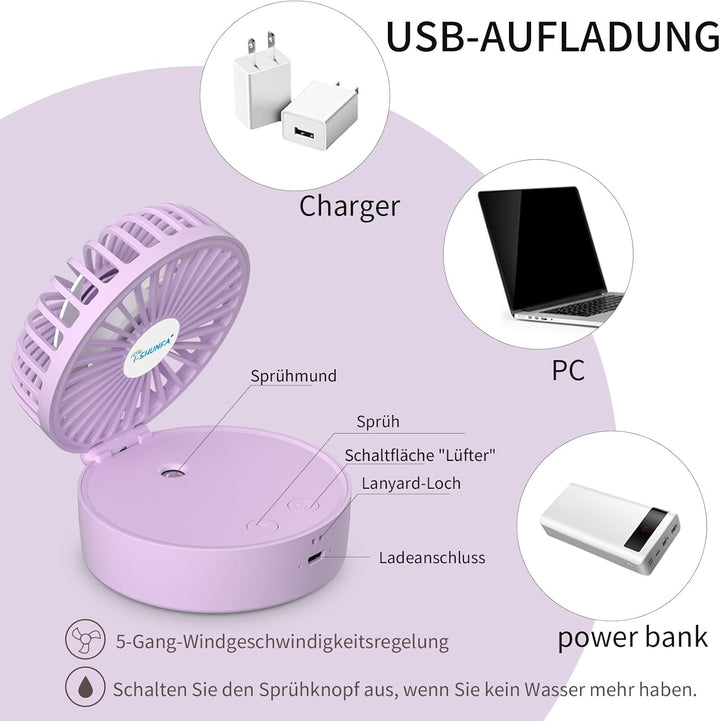Handventilator mit Kühlen Nebel,Tragbarer Mini Ventilator USB-Aufladbar,5 Geschwindigkeiten,Faltbare