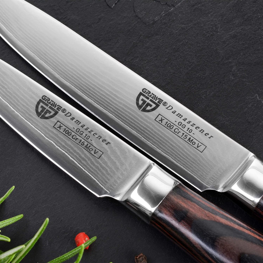 GRÄWE Damastmesser-Set 3-teilig - Allzweckmesser, Schälmesser, Wetzstein 1000/3000
