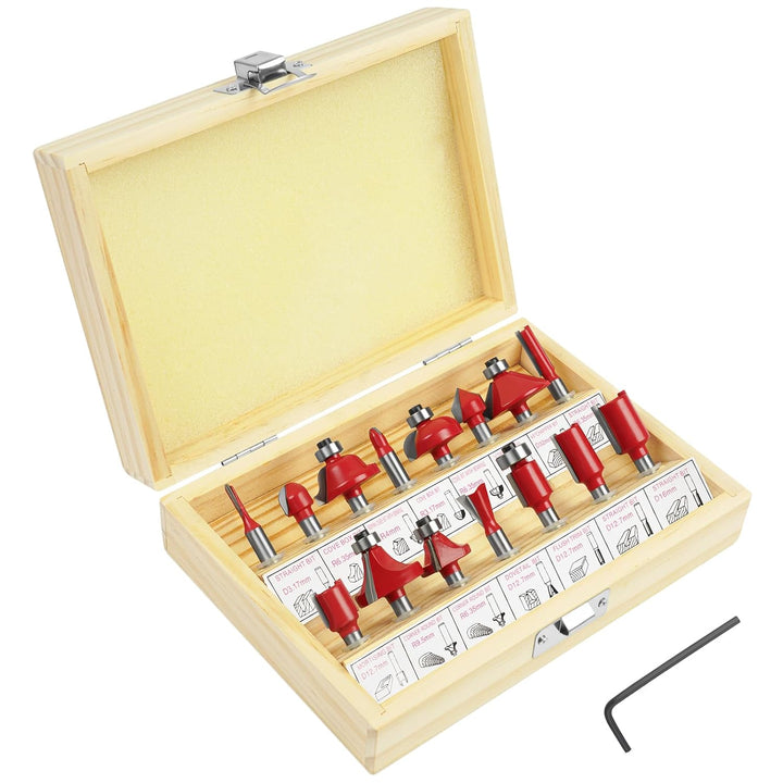 flintronic Fräser-Set, 6.35MM Fräsen Werkzeug Set, 15-tlg Holzkoffer Geschmiedeter Werkzeugstahl Obe
