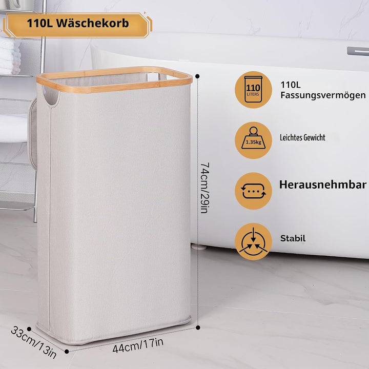 iEGrow Wäschekorb mit Deckel 110L, XL-Extra grosser Wäschesammler mit Herausnehmbarer und Waschbarer